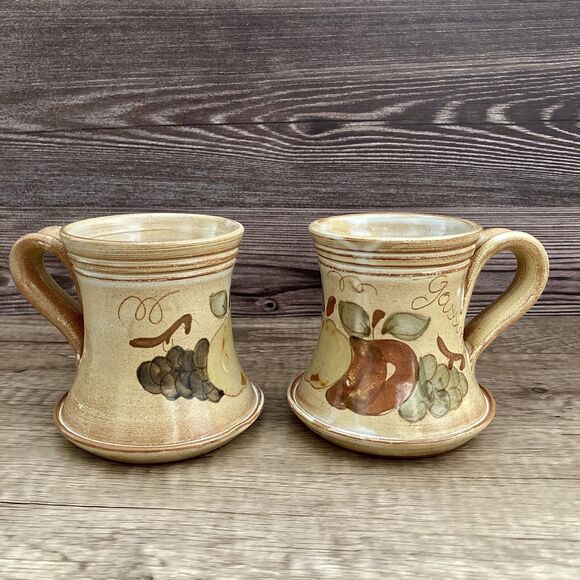 2 Vintage La Poterie Mugs Provence France Art Pottery Gassin Fruit - Picture 1 of 11